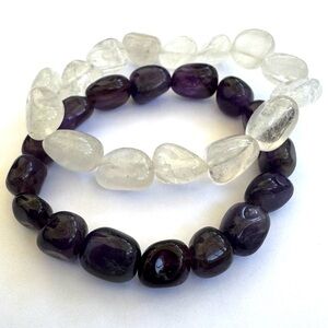 Pair of Amethyst and Quartz Gemstone Bracelets. Handmade by Wingostarr Jewelry.